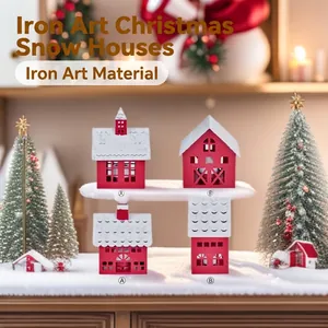 Iron Christmas Snow House Candle Holder Red White Glitter Metal Desktop Ornament Hollow Out Festive Decor
