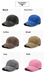 Detail of distressed washed canvas baseball caps in six assorted colors with PALM embroidery