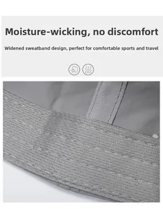Close-up of the widened sweatband design and moisture-wicking fabric of the grey cap