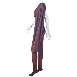 Detail of coffee brown one-shoulder jumpsuit with pleated waist and slim fit design