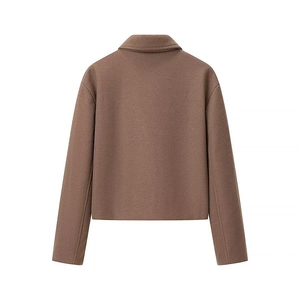 Vue arrière de la veste courte en laine marron pour femme avec coupe décontractée