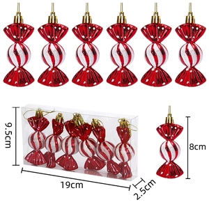 Set of 6 red and white striped Christmas candy tree ornaments with size measurements