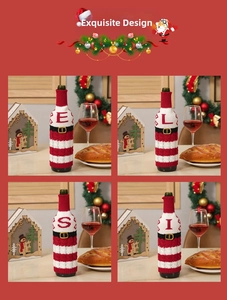 Detail of red and white striped knit Christmas wine bottle covers with letter patterns