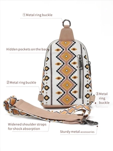 Features of ethnic canvas bag with metal ring buckles and widened shoulder straps