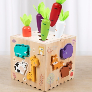 Multifunctional wooden Montessori toy cube with animal shape sorting and carrots on a table