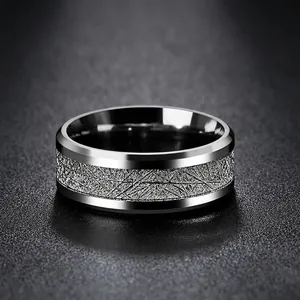Men's titanium steel ring with frosted rime texture and polished silver bevel edges
