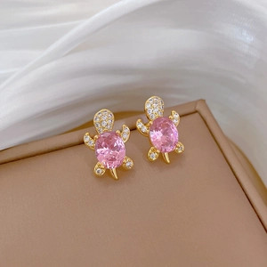 Pink turtle stud earrings in gold titanium steel with sparkling crystal accents