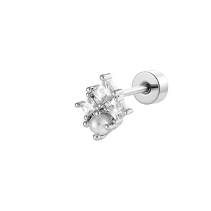 French vintage silver stud earrings with square zircon and round pearl inlay