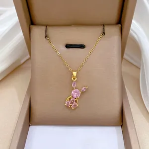 Pink Rabbit Pendant Necklace Stainless Steel Chain With Copper Rhinestone Charms Elegant Sweet Jewelry For Women