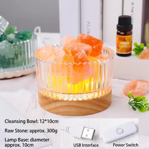 Crystal salt stone night light with warm LED wooden base and textured glass bowl