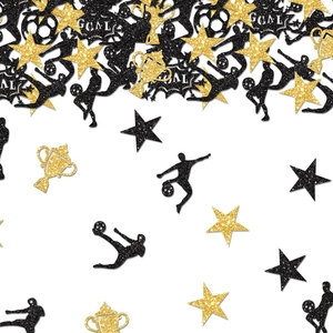 Glitter soccer party confetti with golden trophies, players, stars and Goal cutouts