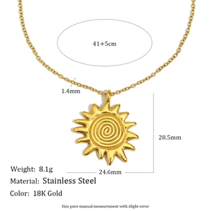 18K gold plated stainless steel sun pendant necklace with dimensions and size specifications