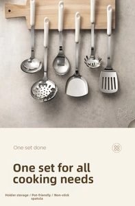 Modern 6-piece stainless steel kitchen tool set with white handles on a hanging rack