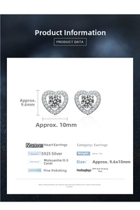 Detailed technical chart showing S925 silver heart moissanite earrings size and specs