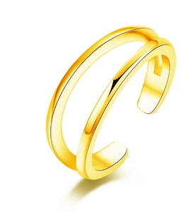 Macro detail of minimalist gold-plated double-layer open toe ring with polished finish