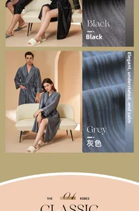 Detail of ribbed texture fabric on elegant long-sleeved bathrobes in black and grey