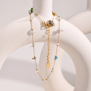 Gold stainless steel chain necklace with colorful irregular natural stone fragments