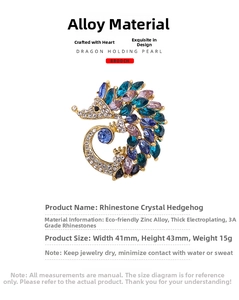 Detailed view of hedgehog brooch with colorful rhinestones and 41mm x 43mm dimensions