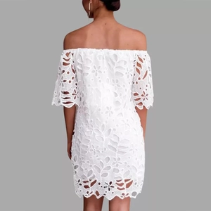Elegantes weißes Minikleid aus Spitze mit Off-Shoulder-Schnitt, Rückansicht des Modells