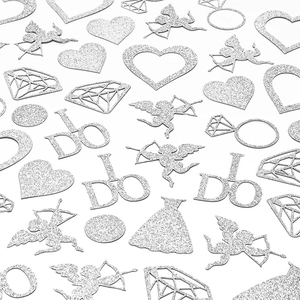 Silver glitter wedding confetti featuring heart, diamond ring and I DO shapes on white
