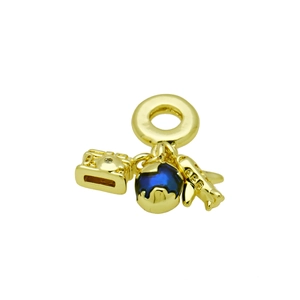Detailed view of gold travel charm set with airplane camera and blue enamel globe