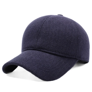 Winter men's dark textured baseball cap with thick thermal wool fabric and ear protection