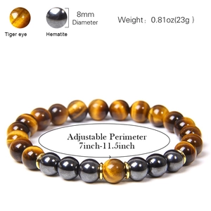 8mm natural Tiger Eye and Hematite beaded bracelet with adjustable 7-11.5 inch cord