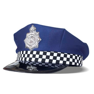 Blue police hat featuring silver badge and black and white checkered band detail