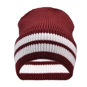Detail of burgundy ribbed knit beanie showing thick wool texture and white stripes