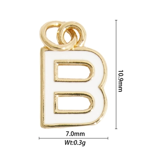 Golden letter B pendant with white enamel, featuring double rings, 10.9mm by 7.0mm