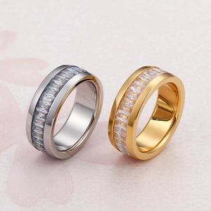 Baguette Cubic Zirconia Eternity Ring 316L Stainless Steel Gold Plated Minimalist Band Fashion Jewelry For Women