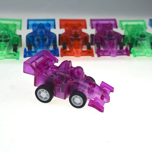 Close-up of colorful transparent F1 pullback racing cars for kids in multiple vibrant colors
