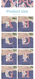 Detailed size chart for floral alphabet embroidery patches showing 4.8cm height for each letter