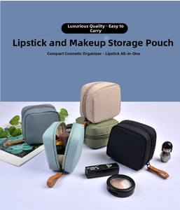 Close-up of portable mini lipstick pouches in various colors with metal zippers
