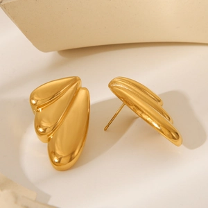 Elegant gold stainless steel wing stud earrings with layered design for women