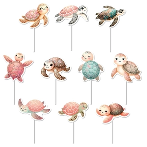 Set of 10 cute cartoon turtle cake toppers with various colorful shell patterns