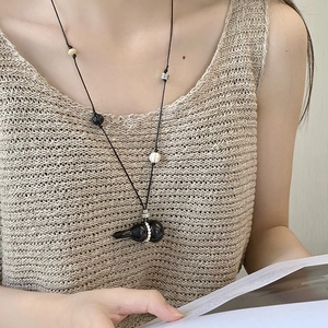 Vintage Gourd Pendant Necklace Wood Faux Artificial Pearl Beaded Long Sweater Chain Handmade Ethnic Style For Women