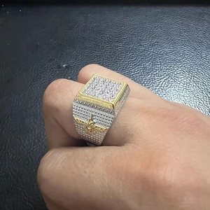 Detail of square signet ring with gold bee accent and micro-pave crystals for men