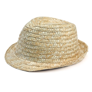 Close-up of a classic straw fedora hat featuring a natural beige woven texture and wide brim