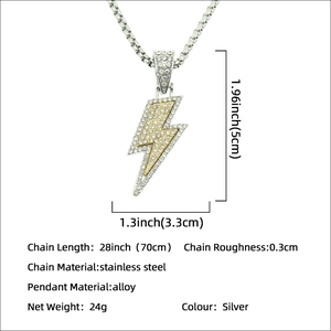 Collier hip hop avec pendentif éclair givré et longue chaîne en acier inoxydable de 70cm