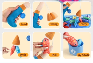 Plush baby toy car set with storage bag demonstrating holding, swinging and grabbing actions