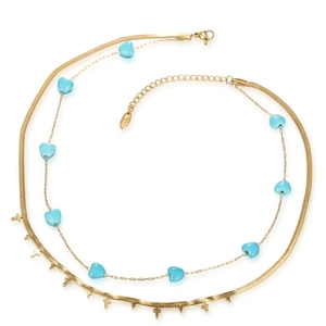 French vintage 14K gold plated double layer necklace with turquoise hearts and crosses