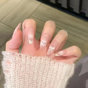 Faux Ongles Dégradé Rose Plastique ABS Forme Amande Avec Motif Chat Mignon Et Noeud Blanc Pour Manucure Douce