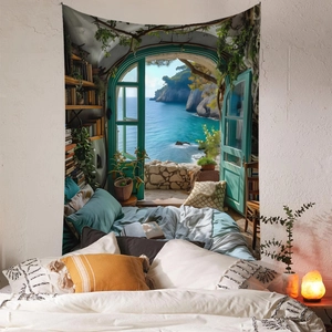 Detail of Mediterranean sea view tapestry with bookshelves and plants in home setting