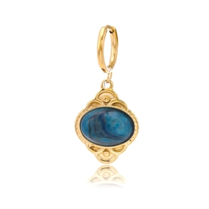 Close-up of vintage gold stainless steel earrings featuring oval blue marble stones