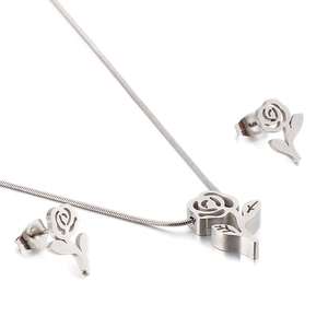Elegant silver stainless steel hollow rose necklace and stud earrings jewelry set