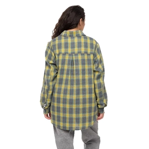 Women's vintage loose plaid shirt in yellow and grey flannel seen from the back view