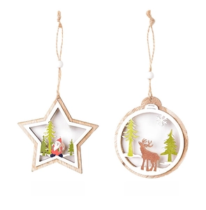 Detailed view of hollow wooden Christmas ornaments with Santa and reindeer motifs