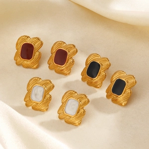 French Vintage Geometric Rectangular Stud Earrings 18K Gold Plated Stainless Steel Enamel Texture Jewelry For Women