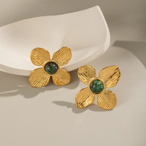 Boucles d'oreilles fleurs vintage en acier inoxydable doré 18K avec pierres vertes